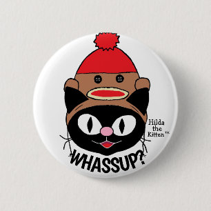 何だ?Sock Monkey Hat付きの漫画ユーモアのある猫 缶バッジ