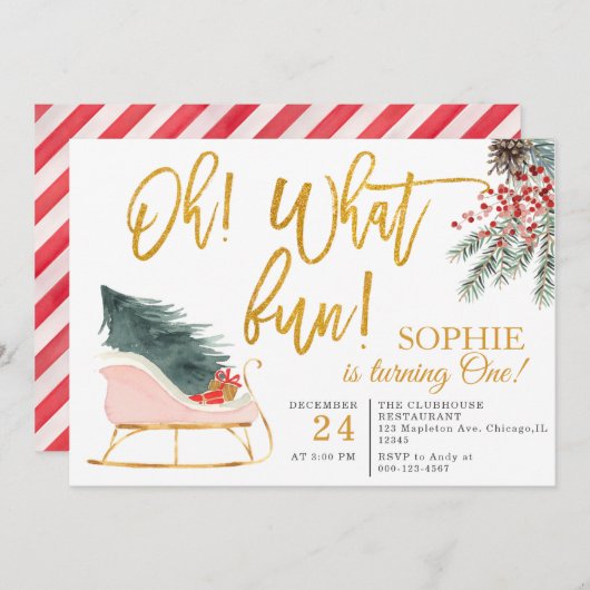 何ておもしろい!1回のクリスマス1歳の誕生日 招待状 (正面/裏面)