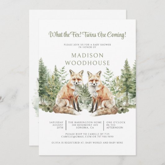 何というキツネだツインズベビーシャワー招待状 招待状 (正面/裏面)