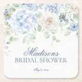 何とも青い花のハイドランジアの花束を添えた ブライダルシャワー スクエアペーパーコースター (正面)