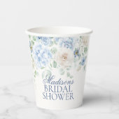 何とも青い花のハイドランジアの花束を添えた ブライダルシャワー 紙コップ (正面)