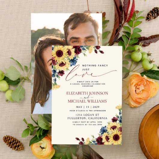 何にもこだわらないただ愛を　ひまわり 青 ワインレッド 招待状