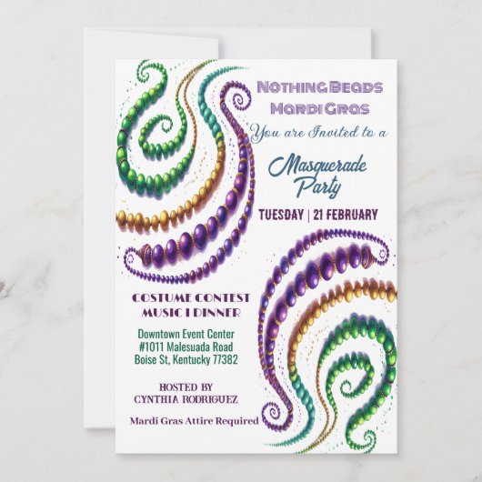 何もビーズマルディグラスカラーズマスカレードパーティー 招待状 (正面)
