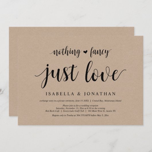 何もファンシーない、ただ愛する、クラフトの結婚駆け落ち 招待状 (正面/裏面)