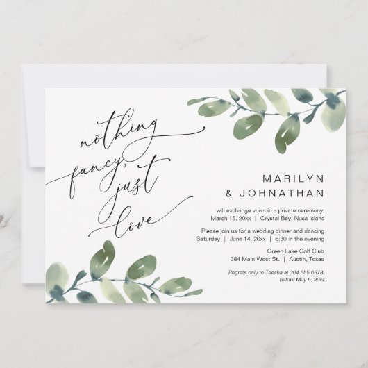 何もファンシーない、ちょうど愛のディナー結婚ユーカリ 招待状 (正面)