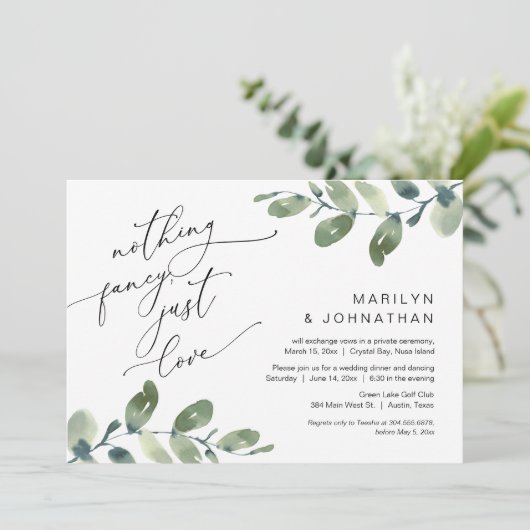 何もファンシーない、ちょうど愛のディナー結婚ユーカリ 招待状 (スタンド正面)