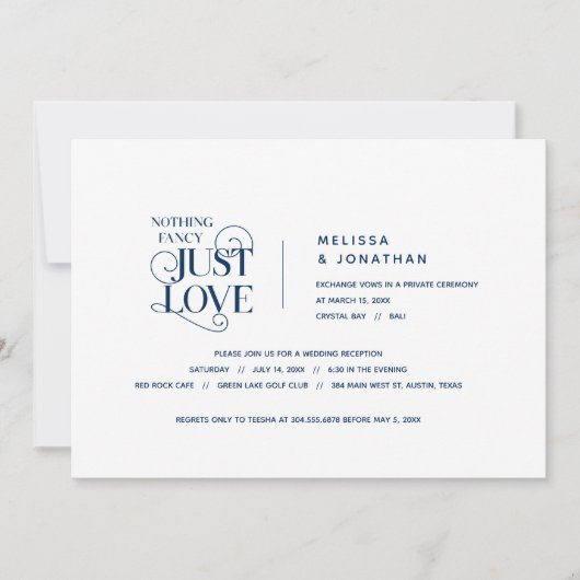 何もファンシーない、ちょうど愛、ネイビーブルー結婚の駆け落ち 招待状 (正面)