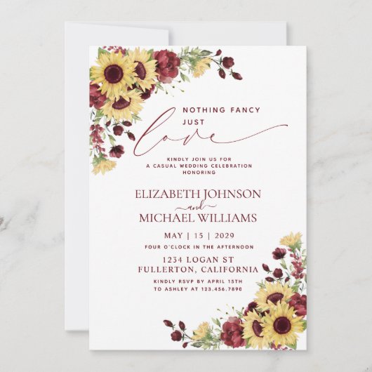何もファンシーひまわりバーガンディを愛して結婚いない 招待状 (正面)