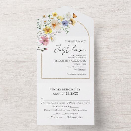 何もファンシー愛しない |ワイルドフラワー結婚ボホの オールインワン招待状 (内側)