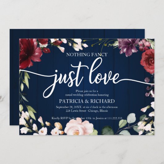 何もファンシー愛のバ結婚ルガンディ海軍ブルー 招待状 (正面/裏面)