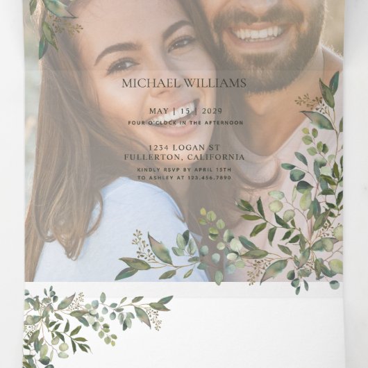 何もファンシーVellum Eucalyptusを愛して結婚いない 三つ折り招待状 (内部中)