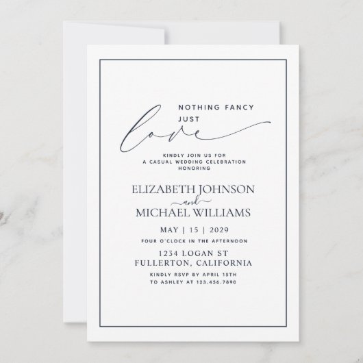 何も特別なものはないけれど愛を大切にしたネイビーブルーのカジュアルウェディング 招待状 (正面)