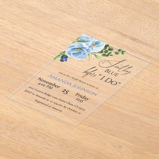 何エレガントか青いフローラブライダルシャワー アクリル招待状 (レイダウン)