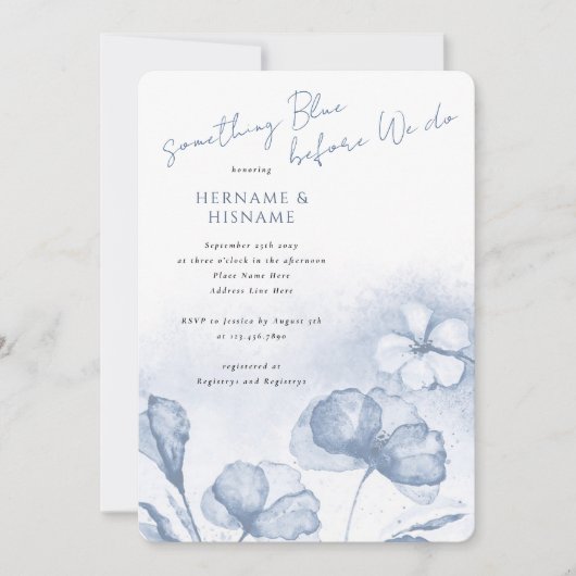 何エレガントか青フローラQRブライダルシャワー 招待状 (正面)