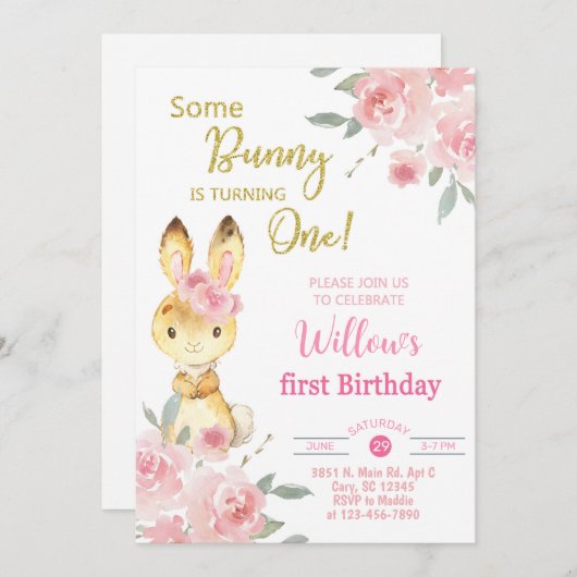 何人かのバニーが一人の女の子の誕生日の招待を回している 招待状 (正面/裏面)