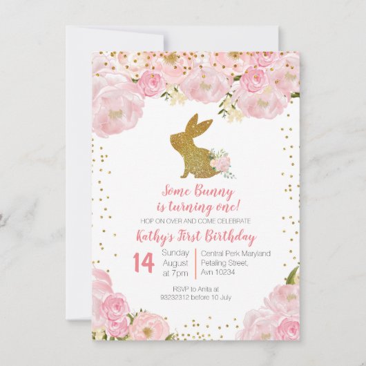 何人かのバニーが1歳の誕生日招待状を飾る 招待状 (正面)