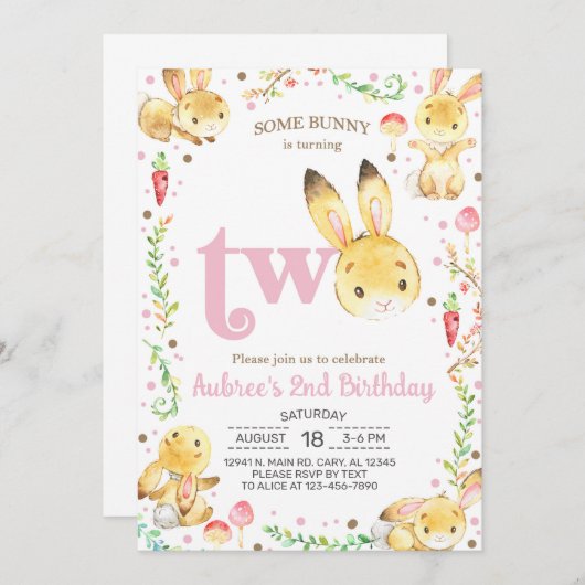何人かのバニーは、女の子の2番目の誕生日の2回を回している。 招待状 (正面/裏面)
