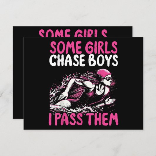 何人かの女の子を追う男の子を渡す – おもしろい水泳 シーズンカード (正面/裏面)