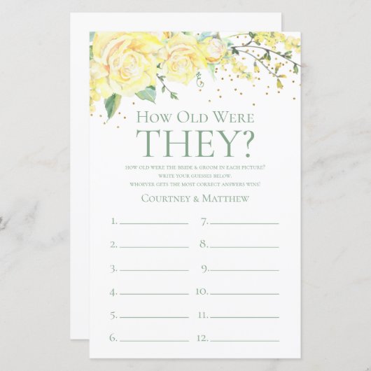何歳だった黄色いフローラブライダルシャワーゲーム (正面/裏面)