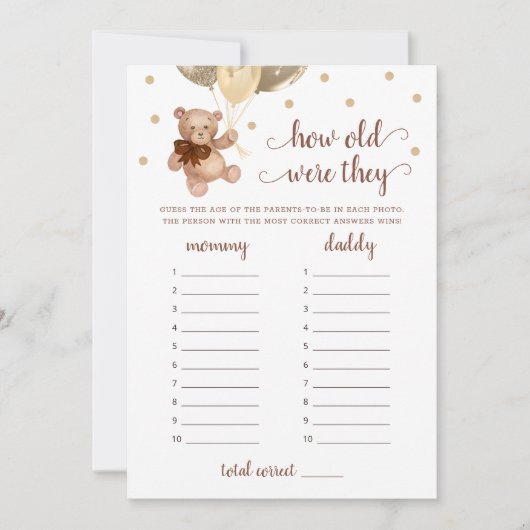 何歳の彼らは赤ちゃんシャワーTeddyクマのカードをゲーム 招待状 (正面)