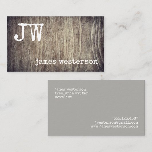 作家のモノグラムのシンプルで素朴な木製のヴィンテージ 名刺 (正面/裏面)