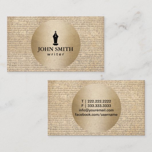 作家のヴィンテージの金ゴールドの円及び古い原稿 名刺 (正面/裏面)