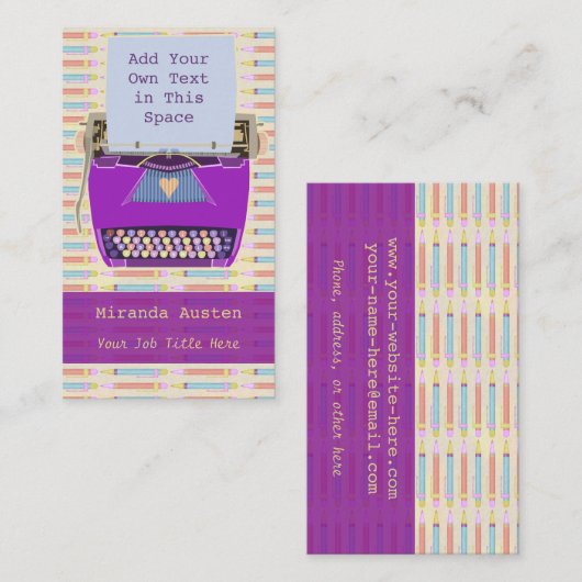 作家の作家の紫色のレトロのタイプライターのモダン 名刺 (正面/裏面)