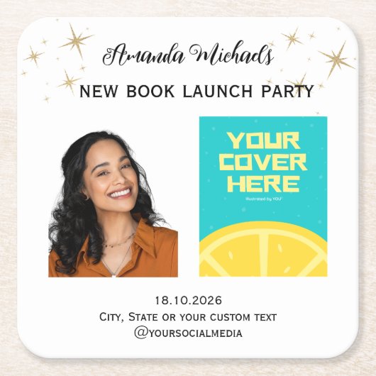 作家ライターブックの起動パーティーへようこそ スクエアペーパーコースター (正面)