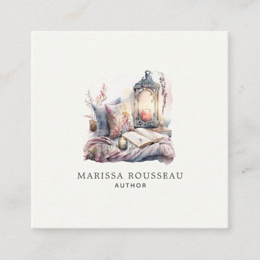 作家ライター居心地の良いキャンドルライトと本 スクエア名刺 (正面)