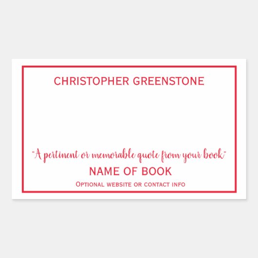 作家署名の赤い蔵書票 長方形シール (正面)
