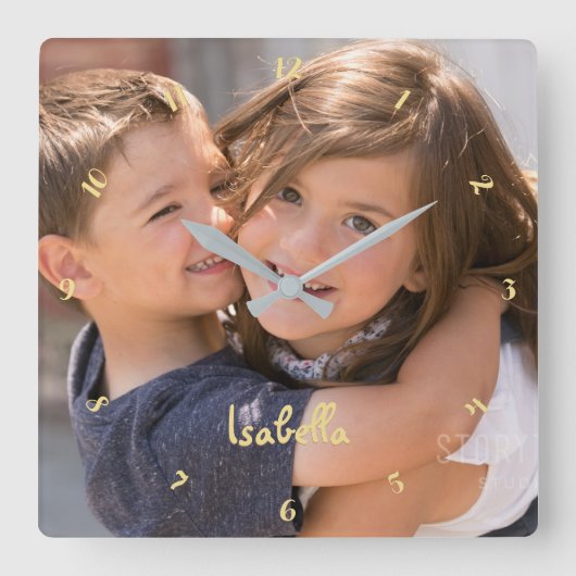 作成カスタムベビーパーソナライズされたの子の写真名 スクエア壁時計 (正面)