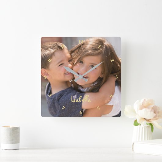 作成カスタムベビーパーソナライズされたの子の写真名 スクエア壁時計 (ホーム)
