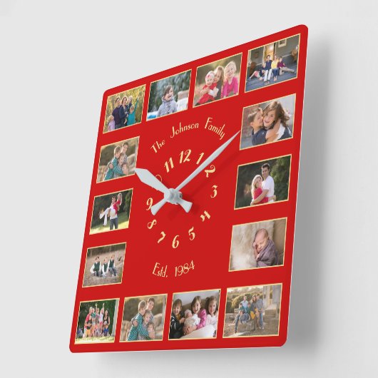 作成カスタム14ファミリフォトコラージュレッド金ゴールドSQU スクエア壁時計 (傾斜)