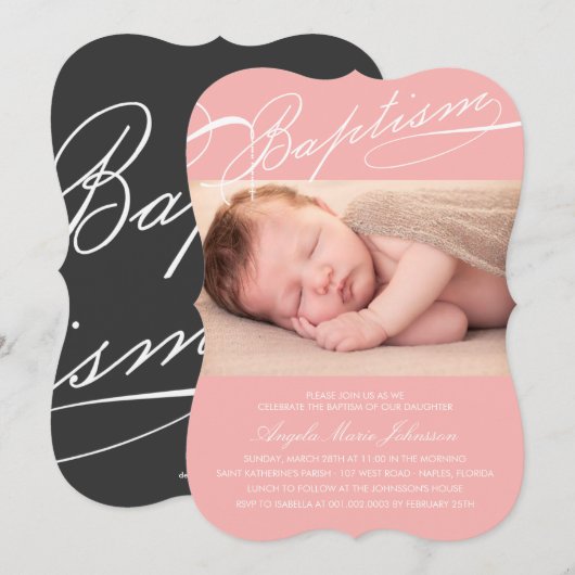 作成 Baptism ロザリー 十字架 ピンク 写真 宗教的 招待状 (正面/裏面)