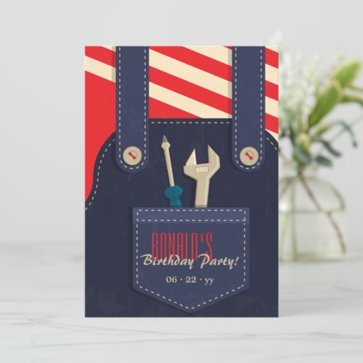 作業着と工具の誕生日招待状 招待状 (スタンド正面)