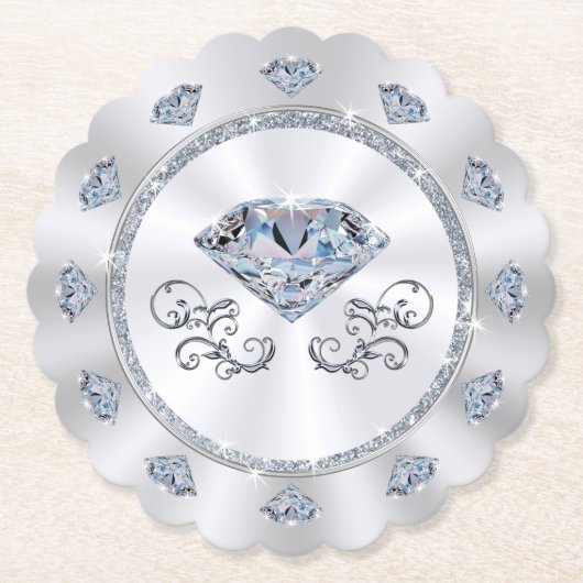 使い捨てコースター。ダイヤモンドをテーマにした誕生日パーティー ペーパーコースター (正面)