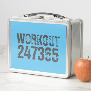 使い込まれたようなスクラッチ加工の文字 Workout 247365 ブルー メタルランチボックス