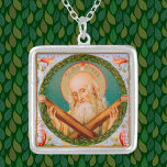 使徒の聖アンドリュー(JMAS 02) シルバープレートネックレス<br><div class="desc">Image Credit (JMAS 02): St. Andrew the Apostleのアンティーク画像19世紀後半のクロモグラフィーにおける献身的なプリントと、ドイツのミュンヘンのアート出版社Josef Muillerが発行したギルトのアクセントで、デザイナーのプライベートコレクションの宗教的なエフエメラ。写真は出版社の使徒シリーズ(No. 12155)の12の一つである。 ここでは、セント・アンドリューは横形、風刺、またはx形の十字架の梁、彼の殉教の楽器と最も頻繁に表現される属性をサポートしている。 饗宴： 11月30日</div>