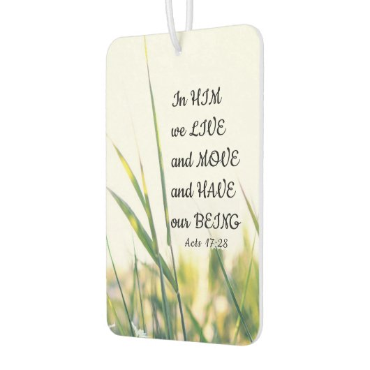 使徒行伝第17章28節は彼の中に住み、聖書の節を動かす カーエアーフレッシュナー (左)