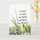 使徒行伝第17章28節は彼の中に住み、聖書の節を動かす カード (黄色い花)