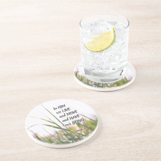 使徒行伝第17章28節は彼の中に住み、聖書の節を動かす コースター (側面)