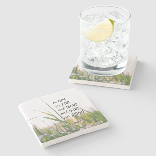 使徒行伝第17章28節は彼の中に住み、聖書の節を動かす  ストーンコースター (横)