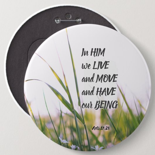 使徒行伝第17章28節は彼の中に住み、聖書の節を動かす 缶バッジ (正面&裏面)
