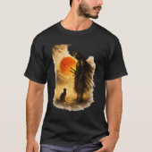 侍と黒猫の美しいアート Tシャツ (正面)