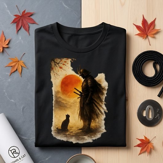 侍と黒猫の美しいアート Tシャツ