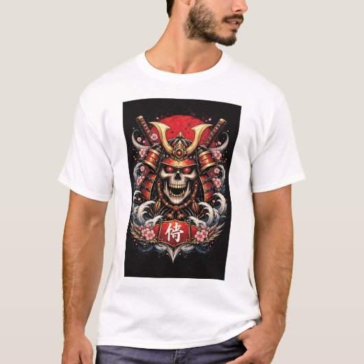 侍のドクロ ライジングサン - 日本の戦士アートコ Tシャツ (正面)