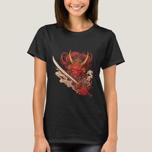 侍の仮面 恐ろしい精神戦士の悪魔 Tシャツ (正面)