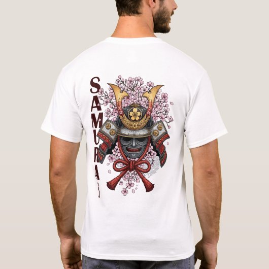 侍の兜 花咲く Tシャツ – 日本の戦争 (裏面)