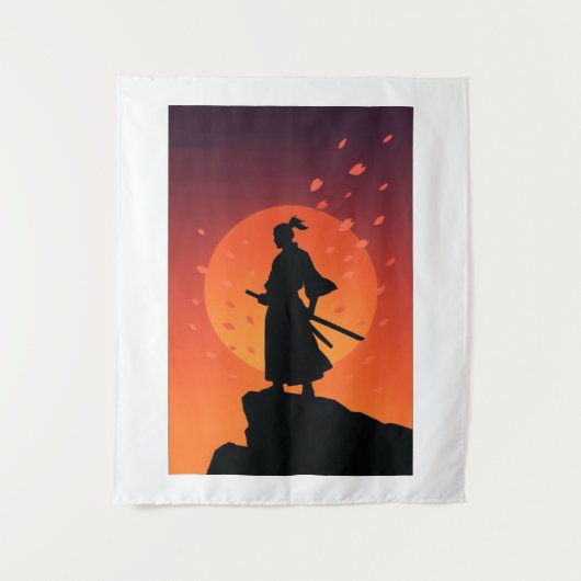 侍の夕焼けタペストリー - 堂々たるミニマリスト壁画 タペストリー (正面)
