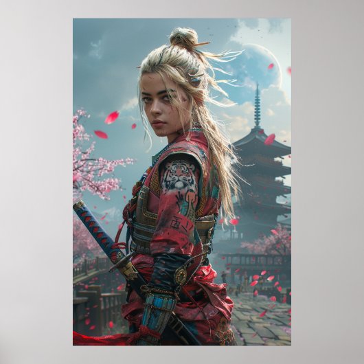 侍の女性武士 刀を持つ — 日本文化 ポスター (正面)